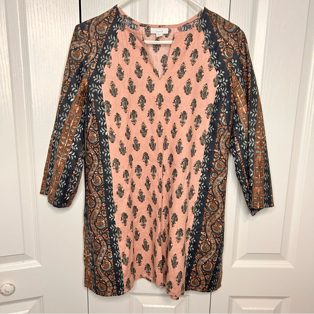 Pure Jill J Jill Top Size SP Paisley Linen Cotton Blend Split Hem 3/4 Sleeve